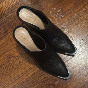 SCHUTZ Black Leather Mules with Silver Accents